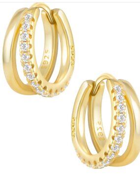 Gold Double Huggie Earrings Gold Pave CZ Hoop Earring Dainty Everyday Jewelry